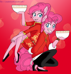 Size: 1404x1458 | Tagged: dead source, safe, artist:jaquelindreamz, pinkie pie, earth pony, anthro, g4, bowl, bubble berry, chinese, chinese outfit, ranma 1/2, rule 63
