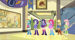 Size: 1099x594 | Tagged: safe, applejack, fluttershy, pinkie pie, rainbow dash, rarity, twilight sparkle, human, equestria daily, equestria girls, g4, my little pony equestria girls, official, boots, brony history, canterlot high, clothes, eqg promo pose set, equestria girls prototype, hat, humane five, humane six, it begins, meme origin, pony history, rearing, shoes, skirt, twilight sparkle (alicorn), velt