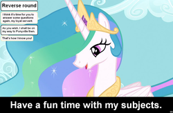 Size: 1024x672 | Tagged: safe, princess celestia, comic:celestia's servant interview, g4, caption, interview, meta