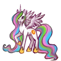 Size: 1024x1024 | Tagged: safe, artist:nyarmarr, princess celestia, alicorn, pony, g4, female, looking at you, mare, missing accessory, open mouth, raised hoof, simple background, solo, spread wings, white background, wings