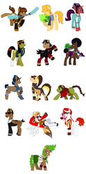 Size: 2550x5136 | Tagged: safe, artist:yu-gi-ah, earth pony, pegasus, pony, bubblegum, clothes, crouching, eyes closed, food, gritted teeth, gum, motorcity, mouth hold, open mouth, ponified, raised hoof, smiling, suit, sunglasses, sword, weapon