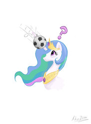 Size: 855x1166 | Tagged: safe, artist:shieltar, princess celestia, g4, ball, female, football, horn, horn impalement, hornball, question mark, solo