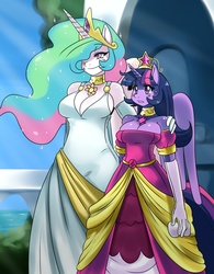 Size: 1406x1804 | Tagged: safe, artist:ss2sonic, princess celestia, twilight sparkle, alicorn, anthro, g4, magical mystery cure, season 3, 2013, alicornified, breasts, busty princess celestia, busty twilight sparkle, cleavage, clothes, coronation dress, cutie mark on clothes, dress, duo, element of magic, female, hair over one eye, height difference, horn, pony ears, ponytail, race swap, size difference, sweat, sweatdrop, twilight sparkle (alicorn), wings, wings down