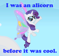 Size: 693x663 | Tagged: safe, edit, edited screencap, screencap, rarity, g4, sonic rainboom (episode), artificial wings, augmented, before it was cool, butt wings, glasses, glimmer wings, hipster, image macro, magic, magic wings, photoshop, wings