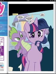 Size: 768x1024 | Tagged: safe, artist:thom zahler, idw, official comic, spike, twilight sparkle, dragon, pony, unicorn, g4, micro-series #1, my little pony micro-series, official, comic, dragons riding ponies, female, idw advertisement, male, mane bite, mare, nervous, preview, riding, spike riding twilight