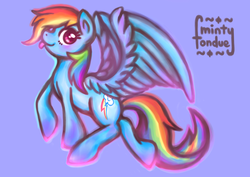 Size: 900x636 | Tagged: safe, artist:mintyfondue, rainbow dash, g4, :p, blue background, blushing, full body, large wings, side view, simple background, spread wings, tongue out, wings