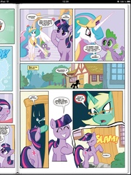 Size: 768x1024 | Tagged: safe, artist:thom zahler, idw, official comic, princess celestia, spike, summer mane, twilight sparkle, alicorn, dragon, pony, unicorn, g4, micro-series #1, my little pony micro-series, butt, comic, female, glasses, idw advertisement, male, mare, plot, preview