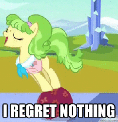 Size: 301x310 | Tagged: safe, edit, edited screencap, screencap, chickadee, ms. peachbottom, g4, games ponies play, animated, female, i regret nothing, male, reaction image, spinning, suitcase