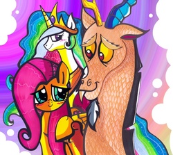 Size: 624x557 | Tagged: safe, artist:aurora-chiaro, discord, fluttershy, princess celestia, g4, female, holding hooves, male, ship:dislestia, shipping, straight