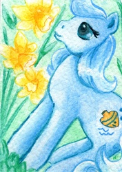 Size: 1468x2076 | Tagged: safe, artist:rayechu, angel (g1), earth pony, pony, g1, atc, cute, daffodil, female, flower, g1 angelbetes, mare, smiling, solo, traditional art