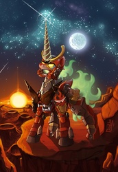 Size: 618x900 | Tagged: safe, artist:don-ko, crater, drill hair, mecha, moon, ponified, stars, sun, tengen toppa gurren lagann