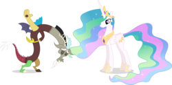Size: 14085x6951 | Tagged: safe, artist:jordila-forge, discord, princess celestia, alicorn, draconequus, pony, g4, absurd resolution, bowing, duo, female, male, mare, ship:dislestia, shipping, simple background, straight, transparent background, vector