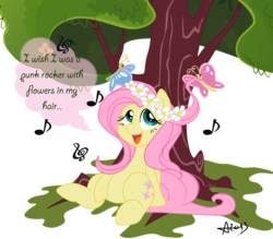 Size: 1000x877 | Tagged: safe, artist:arnachy, fluttershy, butterfly, pony, g4, animal, female, floral head wreath, flower, i wish i was a punk rocker, mane styling, music notes, relaxing, sandi thom, simple background, singing, sitting, solo, song, song reference, speech bubble, transparent background, tree, under the tree, wreath