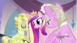 Size: 680x383 | Tagged: safe, screencap, golden glitter, lilac luster, princess cadance, alicorn, crystal pony, pony, g4, games ponies play, animated, background pony, crown, female, folded wings, hat pop, hub logo, jewelry, mare, spa pony, surprised, tiara, wings