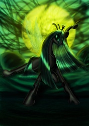 Size: 2480x3508 | Tagged: safe, artist:zolombo, queen chrysalis, changeling, changeling queen, g4, crown, female, jewelry, raised hoof, regalia, solo, spread wings, wings