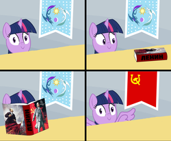 Size: 1009x830 | Tagged: safe, twilight sparkle, alicorn, pony, g4, comic, communism, everything is ruined, exploitable meme, female, hammer and horseshoe, lenin, mare, meme, pure unfiltered evil, russian, spill, twilight sparkle (alicorn), vladimir lenin, wingboner