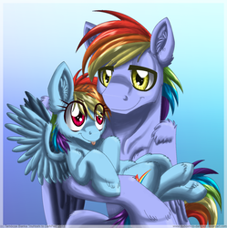 Size: 900x902 | Tagged: safe, artist:inuhoshi-to-darkpen, rainbow blaze, rainbow dash, pegasus, pony, g4, games ponies play, adventure in the comments, blue background, father and daughter, female, filly, filly rainbow dash, gradient background, male, simple background, unshorn fetlocks, younger