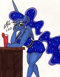 Size: 978x1252 | Tagged: safe, artist:newyorkx3, princess luna, anthro, g4, bar, breasts, cleavage, clothes, dress, drink, female, looking at you, smiling, solo, traditional art