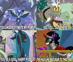 Size: 1163x986 | Tagged: safe, edit, edited screencap, screencap, discord, king sombra, nightmare moon, queen chrysalis, alicorn, changeling, changeling queen, draconequus, pony, unicorn, g4, cropped, darth vader, female, harry potter (series), image macro, male, mare, q, sauron, spread wings, stallion, voldemort, wings