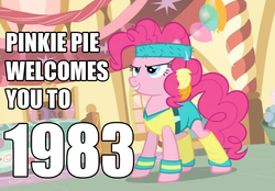 Size: 665x463 | Tagged: safe, edit, edited screencap, screencap, pinkie pie, pony, a friend in deed, g4, '83, 1983, 80s, cropped, exercise, female, headband, image macro, leg warmers, solo, workout, workout outfit, wristband