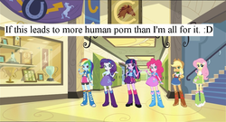 Size: 1099x594 | Tagged: safe, applejack, fluttershy, pinkie pie, rainbow dash, rarity, twilight sparkle, human, equestria girls, g4, my little pony equestria girls, clothes, eqg promo pose set, equestria girls drama, female, hat, image macro, implied porn, mane six, meme, meta, porn when, skirt, spoiler, this guy has the right idea