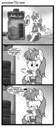 Size: 1074x2458 | Tagged: safe, artist:madmax, oc, oc only, oc:littlepip, pony, unicorn, fallout equestria, fallout equestria: anywhere but here, black and white, blushing, bottle, chillaxing, clothes, comic, fanfic, female, glowing horn, grayscale, hooves, horn, jumpsuit, levitation, magic, mare, monochrome, nuka cola, pipboy, pipbuck, sitting, solo, sparkle cola, swearing, teeth, telekinesis, vault suit, vending machine, wasteland