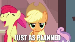 Size: 1280x720 | Tagged: safe, edit, edited screencap, screencap, apple bloom, applejack, sweetie belle, earth pony, pony, unicorn, g4, one bad apple, caption, female, filly, image macro, inverted mouth, just as planned, mare, pure unfiltered evil, smirk