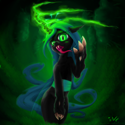Size: 1500x1500 | Tagged: safe, artist:inceri, queen chrysalis, changeling, changeling queen, semi-anthro, g4, claws, crown, fangs, female, glowing, glowing horn, horn, jewelry, regalia, solo, tongue out