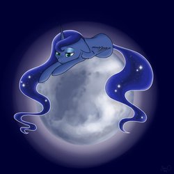 Size: 894x894 | Tagged: safe, artist:moonstone-fox, princess luna, pony, g4, female, moon, prone, solo, tangible heavenly object