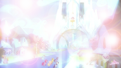 Size: 1280x720 | Tagged: safe, edit, edited screencap, screencap, applejack, fluttershy, pinkie pie, rainbow dash, rarity, twilight sparkle, crystal pony, earth pony, pegasus, pony, unicorn, g4, games ponies play, crystal empire, hub logo, hubble, lens flare, mane six