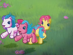 Size: 640x480 | Tagged: safe, screencap, heart bright, merriweather, star flight, earth pony, pony, a very pony place, g3, two for the sky, best friends, cute, female, field, flightabetes, g3 brightabetes, g3 merriweawwwther, grass, grass field, jumping, mare, open mouth, open smile, running, smiling