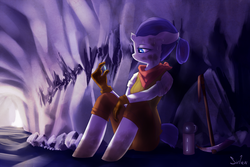Size: 1400x935 | Tagged: safe, artist:siden, rarity, anthro, unguligrade anthro, broken horn, cave, clothes, dirty, female, gem, gloves, pickaxe, solo, sweat
