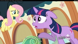 Size: 1920x1080 | Tagged: safe, screencap, fluttershy, twilight sparkle, g4, games ponies play, youtube caption