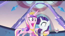 Size: 1920x1080 | Tagged: safe, screencap, princess cadance, rarity, g4, games ponies play, concave belly, slender, thin, youtube caption