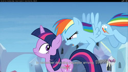 Size: 1920x1080 | Tagged: safe, screencap, rainbow dash, twilight sparkle, g4, games ponies play, hub logo, ireland, youtube caption