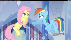 Size: 1920x1080 | Tagged: safe, screencap, fluttershy, rainbow dash, g4, games ponies play, hub logo, uruguay, youtube caption