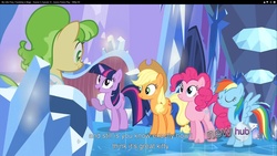 Size: 1920x1080 | Tagged: safe, screencap, applejack, chickadee, ms. peachbottom, pinkie pie, rainbow dash, twilight sparkle, g4, games ponies play, hub logo, youtube caption