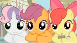 Size: 639x359 | Tagged: safe, screencap, apple bloom, scootaloo, sweetie belle, g4, livestream, the hub