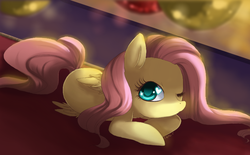 Size: 784x485 | Tagged: dead source, safe, artist:loyaldis, fluttershy, pegasus, pony, g4, female, heart eyes, looking at you, on side, one eye closed, solo, starry eyes, wingding eyes