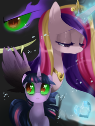 Size: 900x1200 | Tagged: dead source, safe, artist:loyaldis, king sombra, princess cadance, twilight sparkle, g4, bad end, broken heart eyes, corrupted, crying, crystal heart, heart eyes, wingding eyes