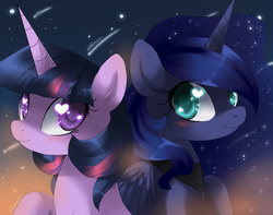 Size: 906x715 | Tagged: dead source, safe, artist:loyaldis, princess luna, twilight sparkle, g4, female, heart eyes, shooting star, wingding eyes