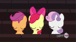 Size: 470x264 | Tagged: safe, screencap, apple bloom, scootaloo, sweetie belle, g4, one bad apple, animated, cute, cutie mark crusaders, eyes closed, female, frown, head shake, hub logo, open mouth, talking