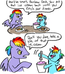 Size: 527x600 | Tagged: safe, artist:magnoliapearl, rainbow blaze, rainbow dash, g4, comic, cropped, filly, ice cream, kramer vs. kramer, parody, tumblr