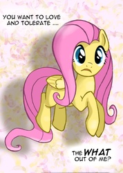 Size: 624x876 | Tagged: safe, artist:teebreakers, fluttershy, pony, g4, confused, dialogue, female, looking at you, love and tolerate, solo