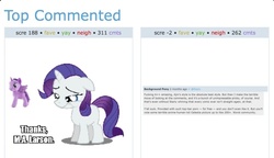 Size: 961x553 | Tagged: safe, rarity, twilight sparkle, derpibooru, g4, the cutie mark chronicles, blushing, female, filly, filly rarity, sad, text, top commented, toy, younger