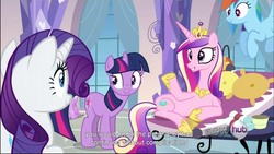 Size: 1244x700 | Tagged: safe, screencap, princess cadance, rainbow dash, rarity, twilight sparkle, g4, games ponies play, belly, hilarious in hindsight, hub logo, implied flurry heart, lying down, on side, pregnant, youtube caption