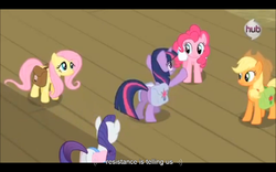 Size: 1024x640 | Tagged: safe, screencap, applejack, fluttershy, pinkie pie, rarity, twilight sparkle, g4, games ponies play, hub logo, saddle bag, youtube caption