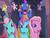 Size: 640x480 | Tagged: safe, screencap, master kenbroath gilspotten heathspike, minty, pinkie pie (g3), rainbow dash (g3), tiddly wink, tra-la-la, zipzee, breezie, g3, the runaway rainbow, scare, startled