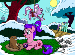Size: 771x569 | Tagged: safe, artist:hirake! pony key, bon bon, fantastical february, february violet (g3), lyra heartstrings, sweetie drops, earth pony, groundhog, pony, unicorn, g3, g4, arrow, birthday, birthday ponies, birthflower ponies, bow, bow (weapon), butt, cupid, female, g3 to g4, gem, generation leap, groundhog day, heart arrow, hearts and hooves day, ice skates, jewel birthday ponies, lesbian, mare, monthly mares, park, plot, ship:lyrabon, shipper on deck, shipping, snow, suction cup, valentine's day