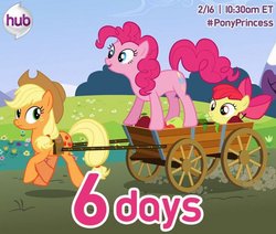 Size: 870x739 | Tagged: safe, apple bloom, applejack, pinkie pie, g4, official, countdown, hub logo, hubble, promo, text, the hub, twitter